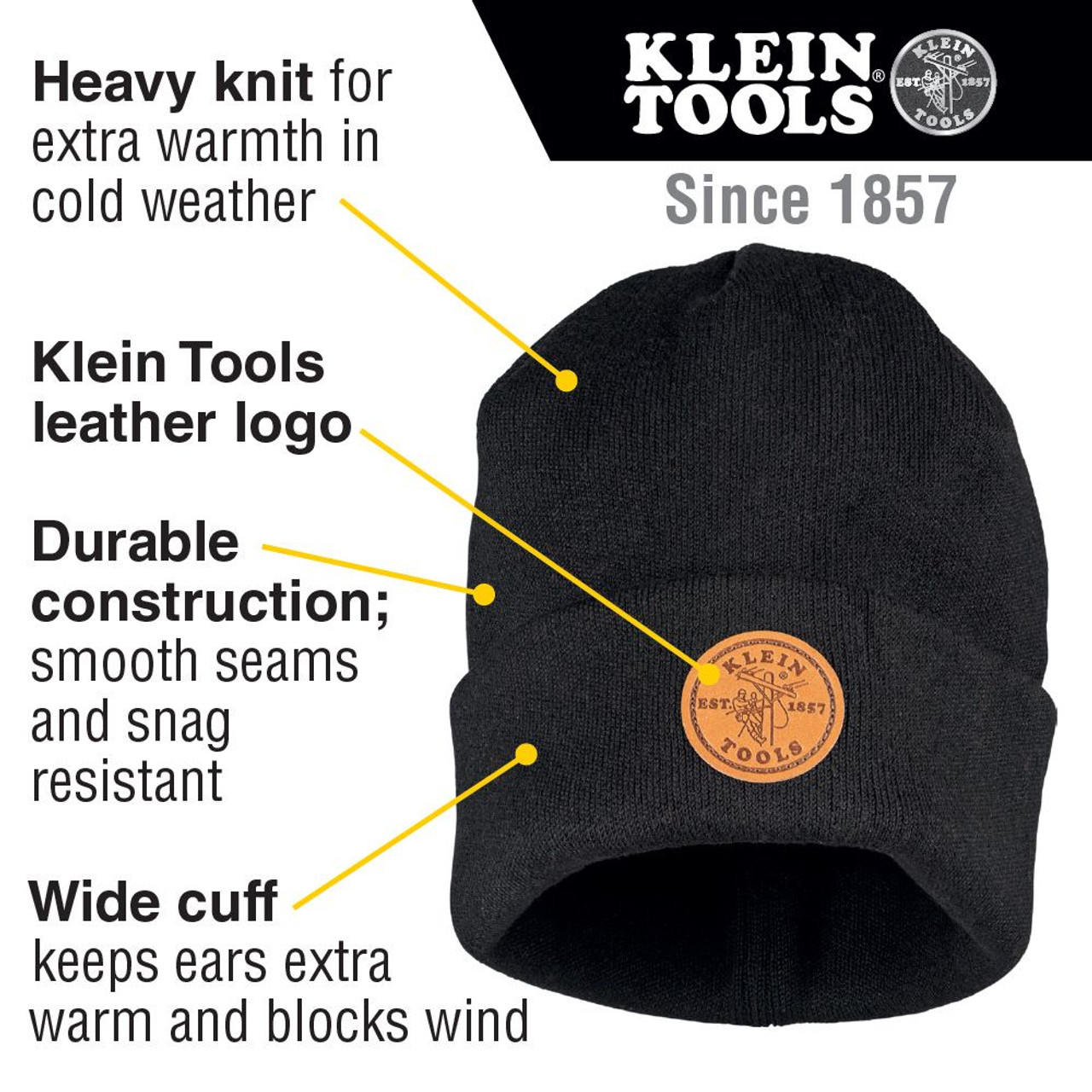 Klein Heavy Knit Hat Black Leather Logo