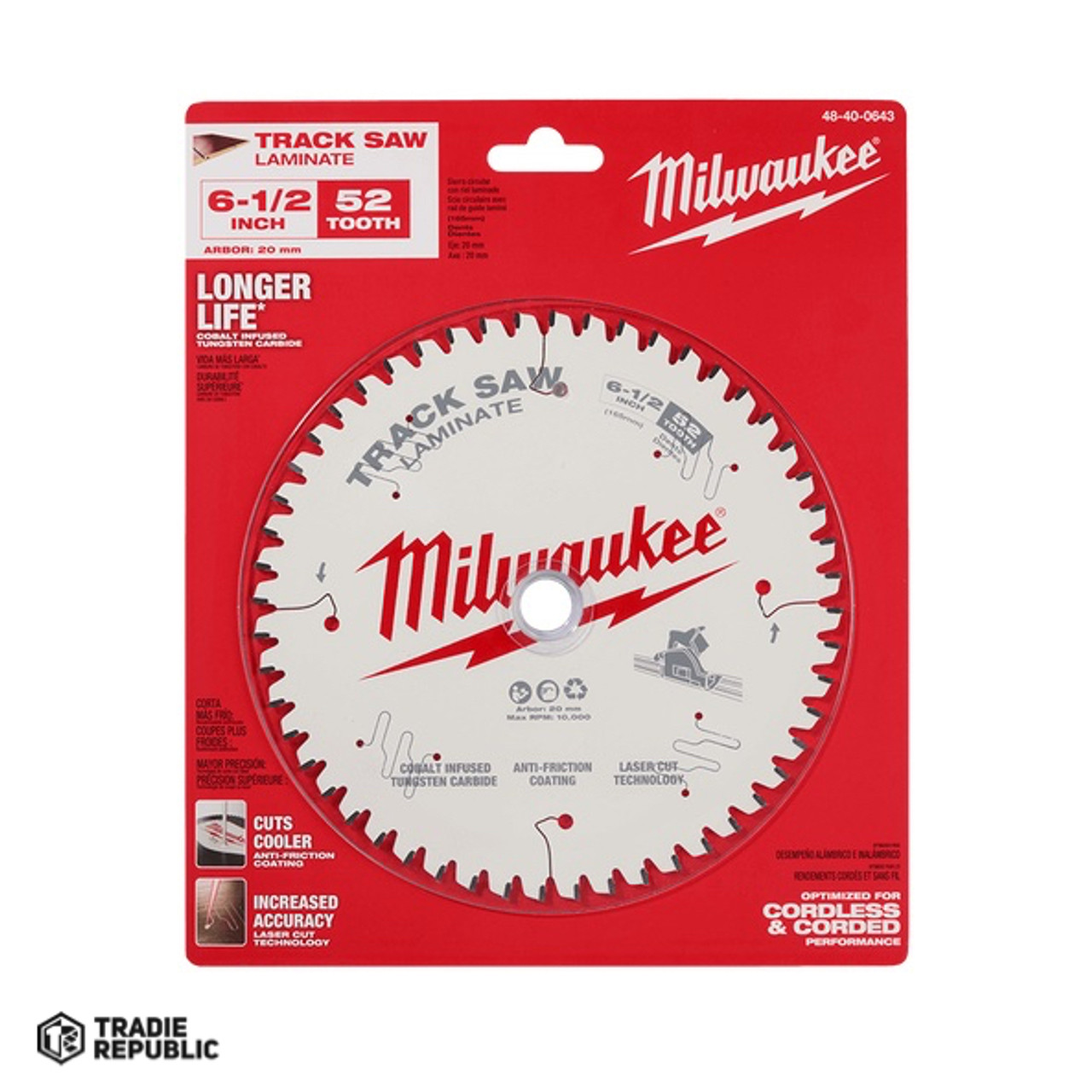 48400643 Milwaukee 165mm 6-1/2" 52T Wood Track Saw Blade Laminate