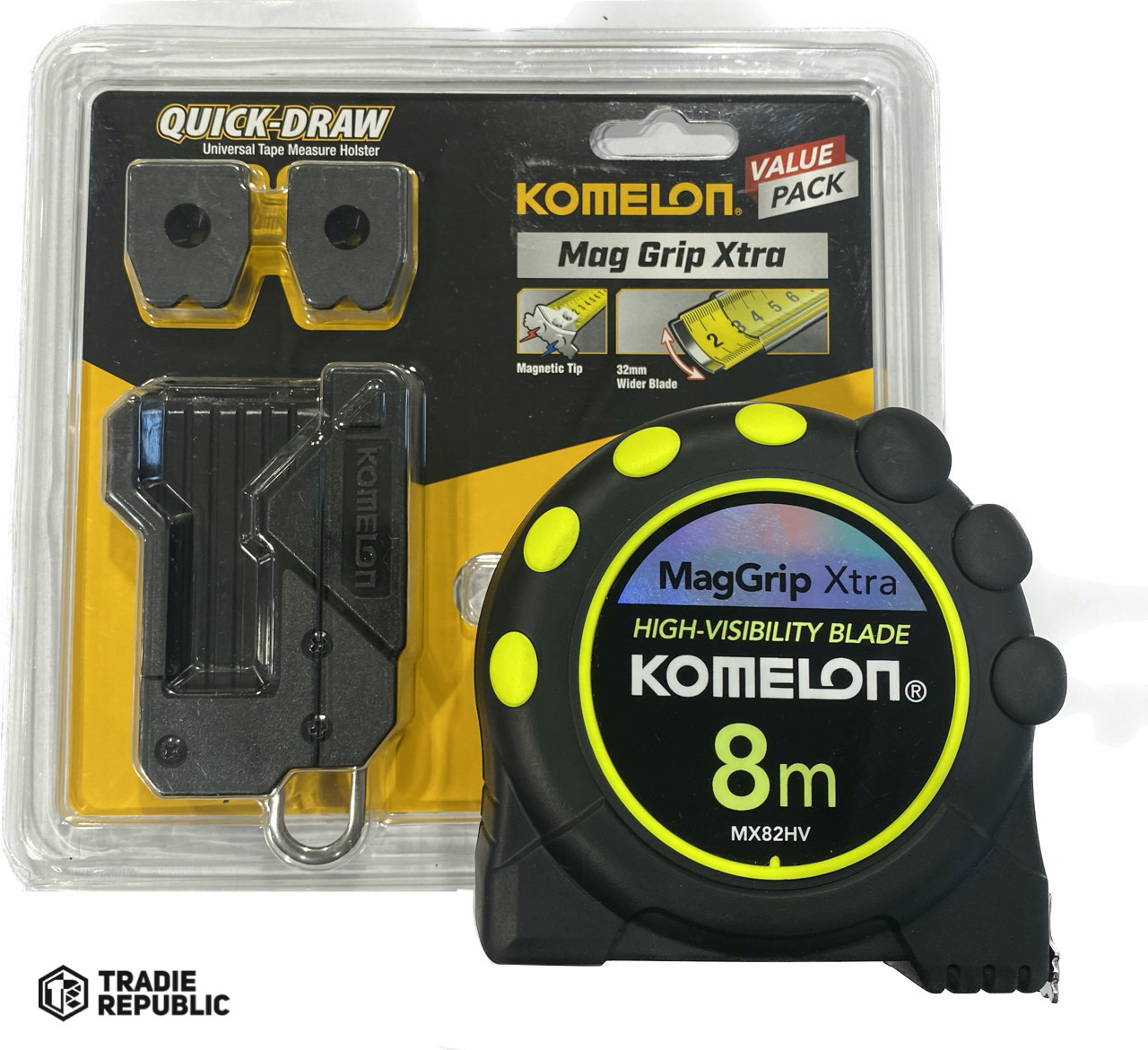 Komelon 8m x 32mm Measuring Tape MAGGRIP + Belt Holder Tradie Republic