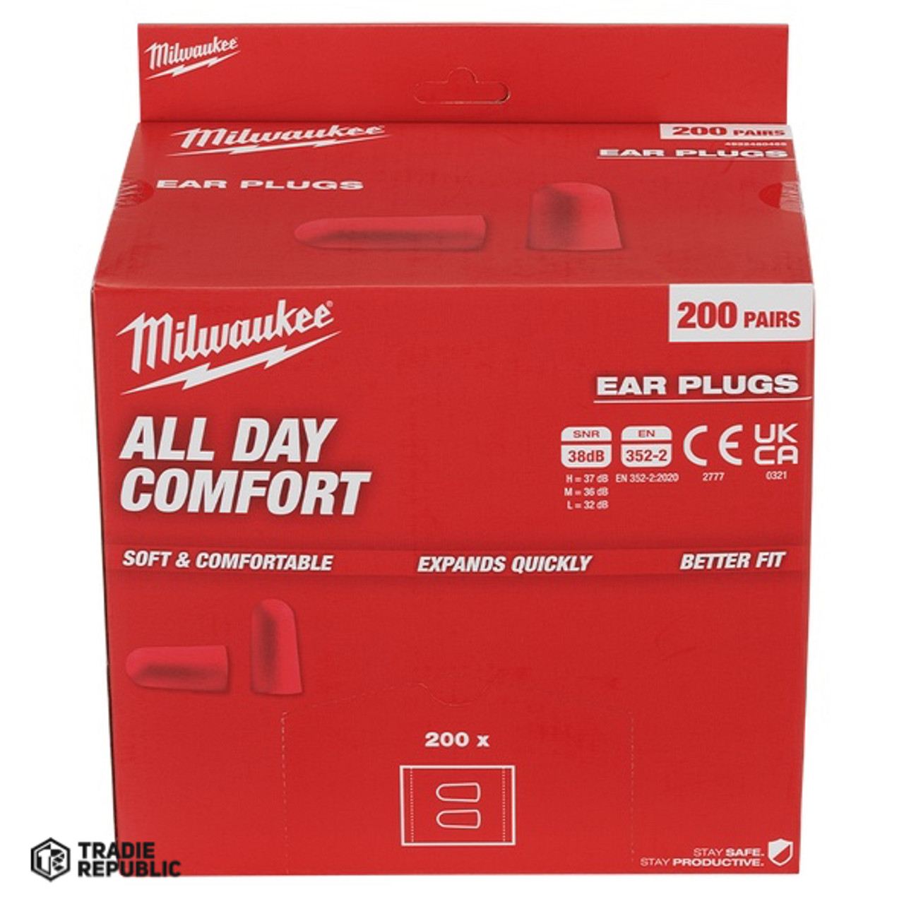 48733007 Milwaukee 200PK Tapered Uncorded Earplugs - Dispenser Box