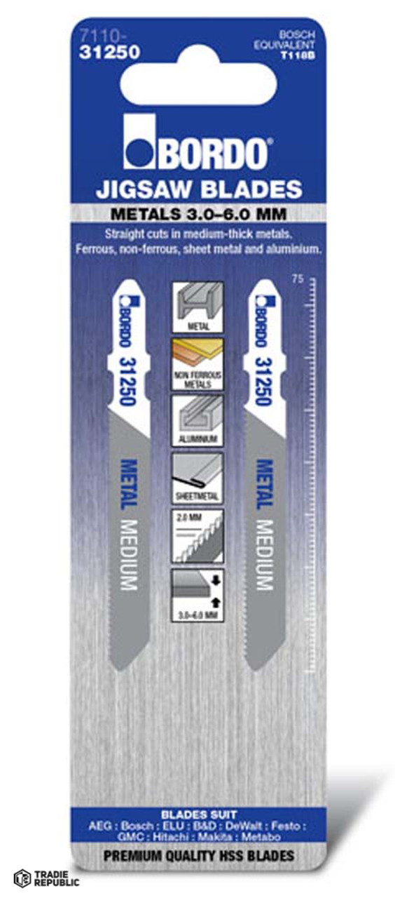 7110-31250 Bordo Jig Saw T-Shk Hss 3.0-6.0mm Med Metals Strt Cut 2PK