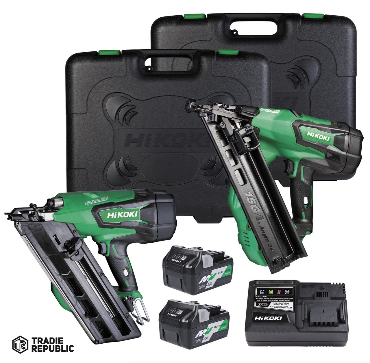 KC18FNFGGKZ Hikoki Multivolt 2 piece Nailer Kit - Framing Gun, 15Ga Finishing Gun