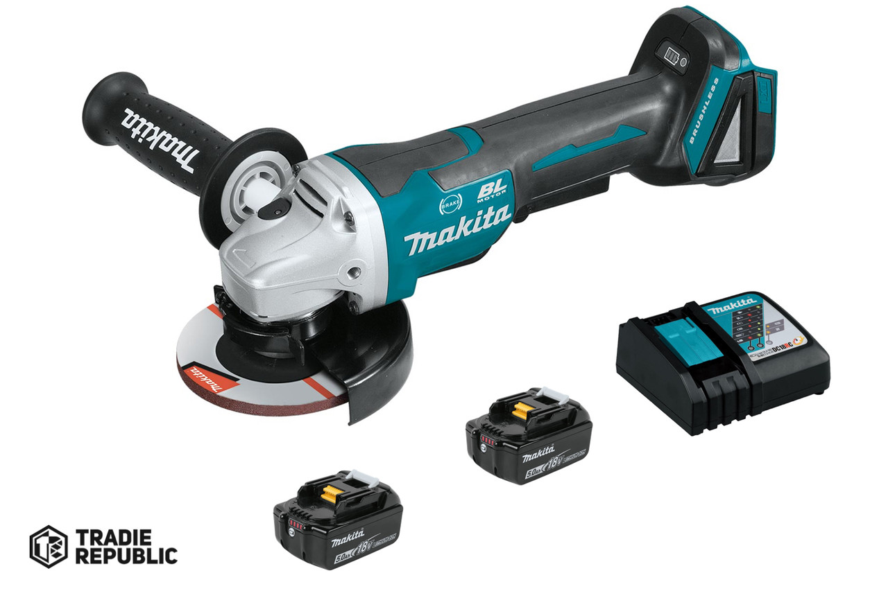 DGA508RTE Makita 18V LXT  Brushless  115mm/125mm Paddle Switch Cut-Off/Angle Grinder Kit, with Electric Brake (5.0Ah)