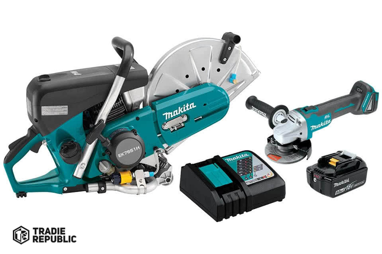 DK0040T Makita 75.6cc 4stroke 355mm Power Cutter + DGA504 18V LXT Brushless Grinder + 5ah and Charger kit