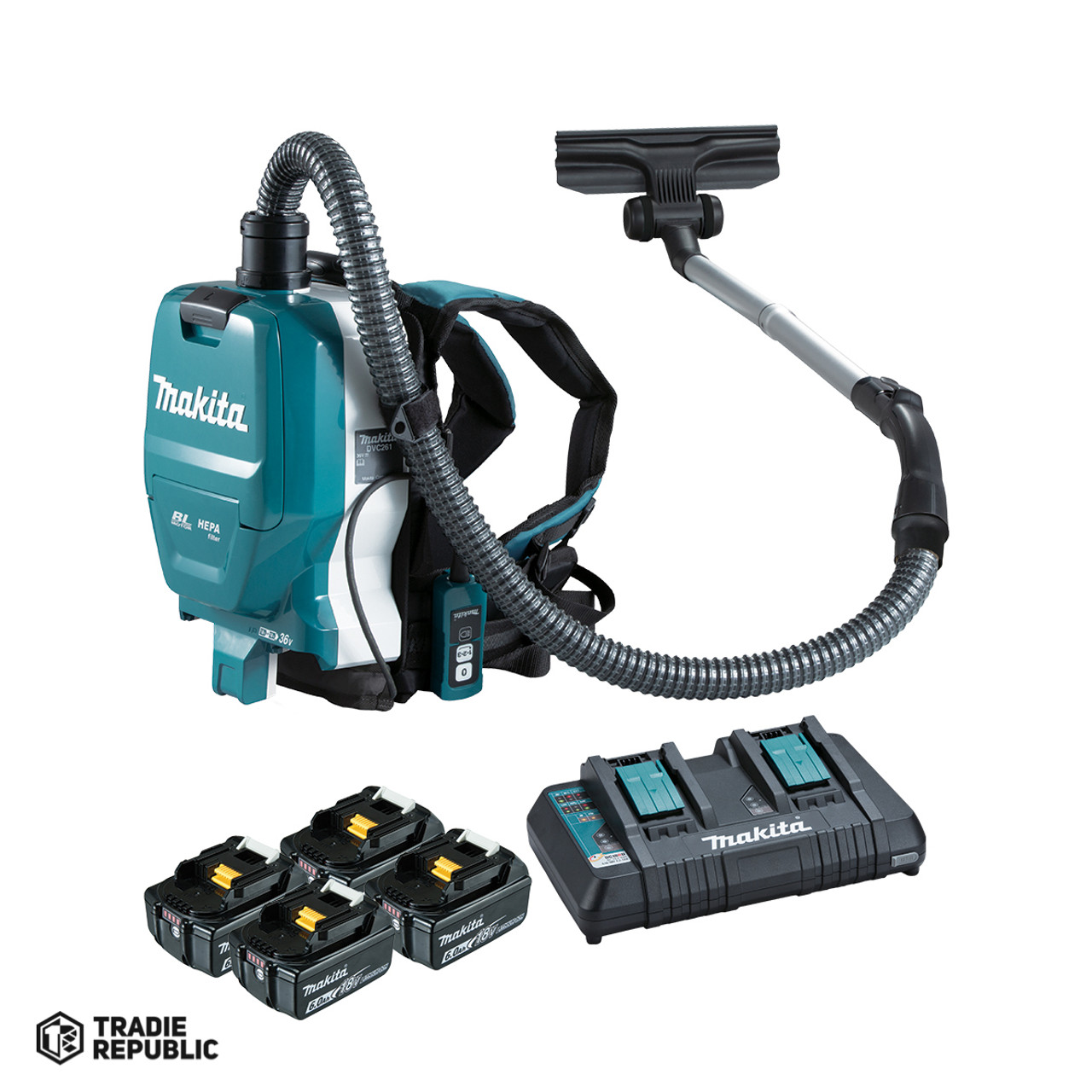 DVC261GX19 Makita 18V X2 LXT (36V) Brushless 2 Litre HEPA Filter, 3-Speeds, 32mm Dia. Pipe, Backpack Dry Vacuum, Kit (6.0Ah x 4)