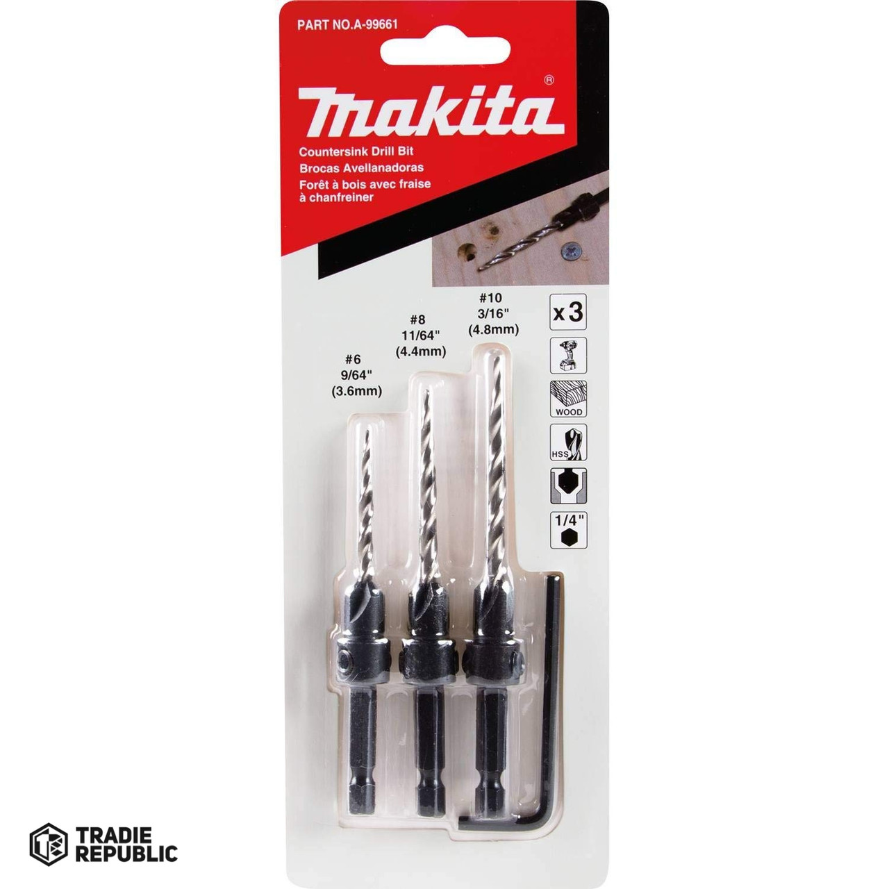 A-99661 Makita 3PC Countersink Drill Bit Set