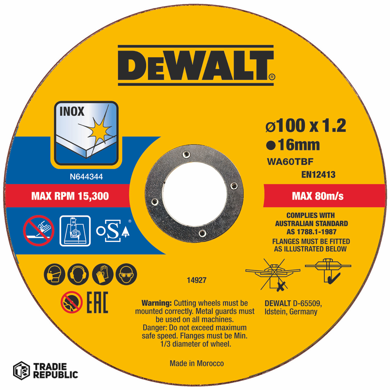 DT43973-QZ DeWalt High Performance Bonded Disc Thin Cut (10 x Tin) 100mm x 1.2mm x 16.0mm