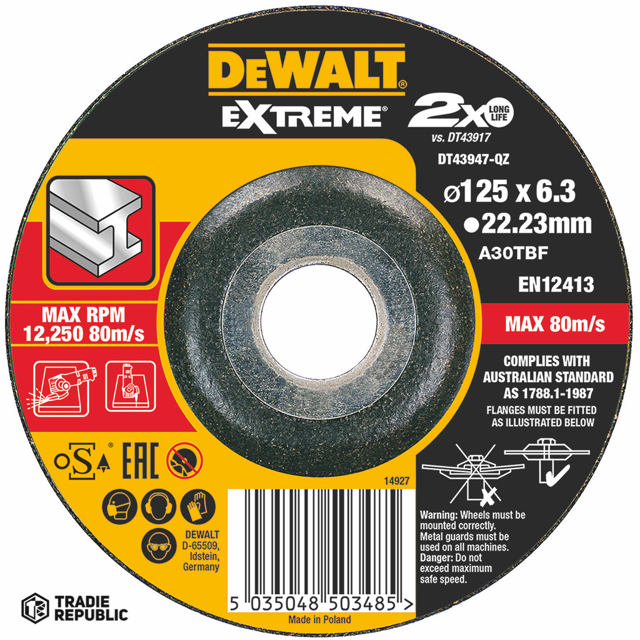 DT43922-QZ DeWalt High Performance Bonded Disc Thin Cut (10 x Tin) 125mm x 1.2mm x 22.23mm