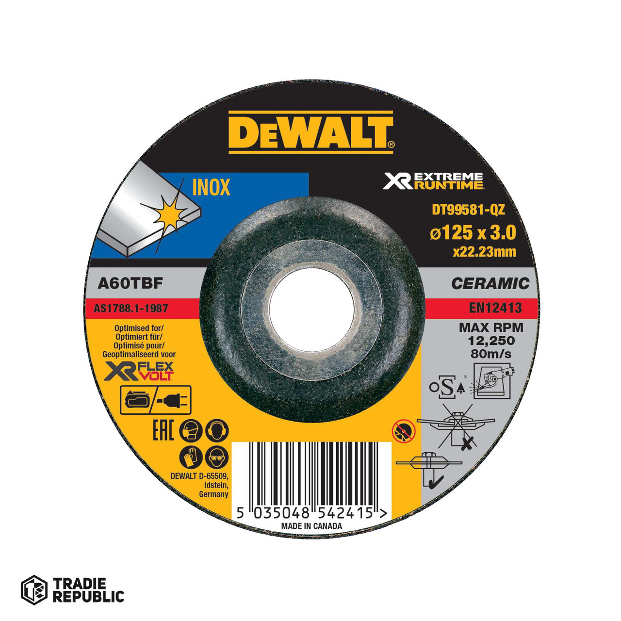 DT99581-QZ DeWalt Abrasive Grinding XR Extreme Runtime Inox 125mm x 3 x 22.23