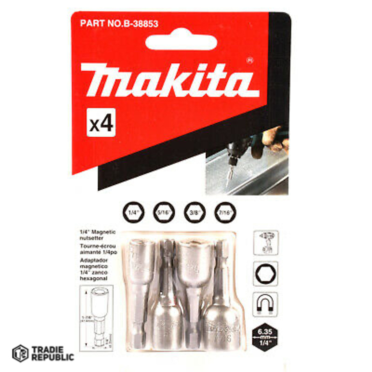 B-38853 Makita Magnetic Nutsetter 1/4_5/16_3/8_7/ 16" 4 Pcs Set B38853
