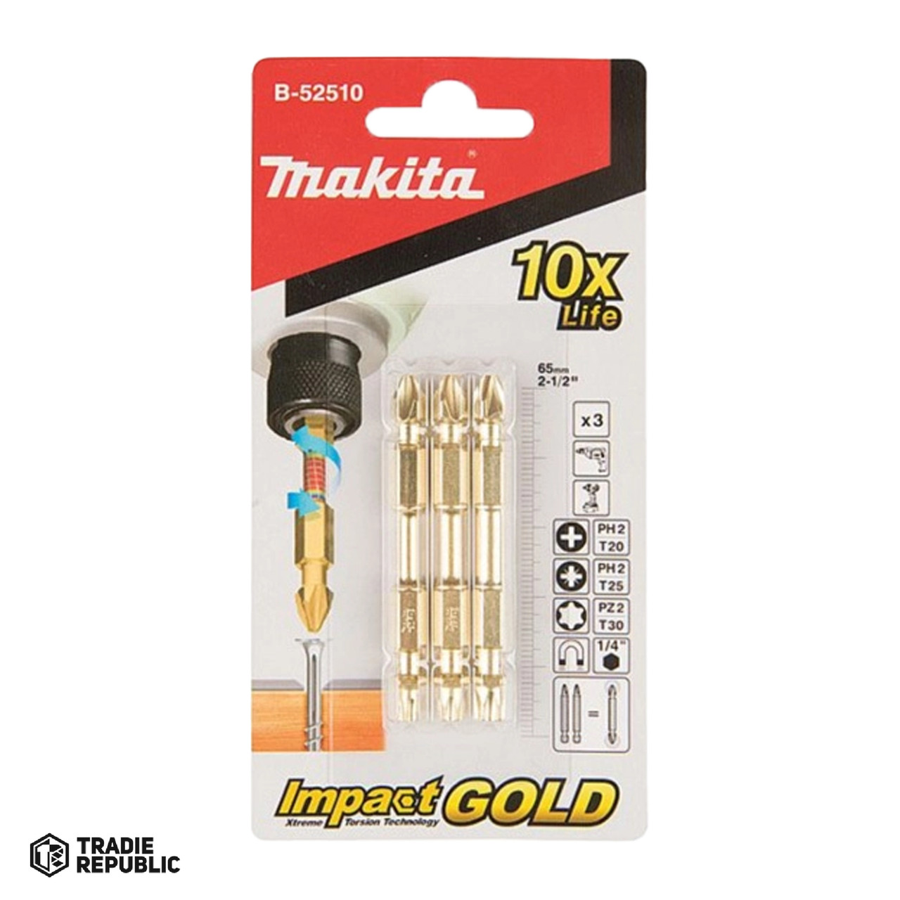 B-52510 Makita B-52510 Philip Torx 65mm 2-1/2" Gold 3PK