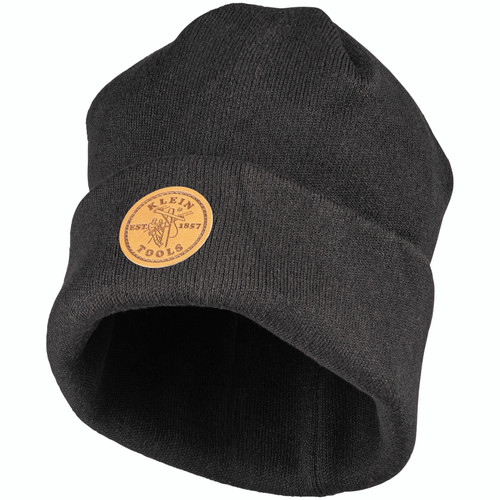 Klein Heavy Knit Hat Black Leather Logo