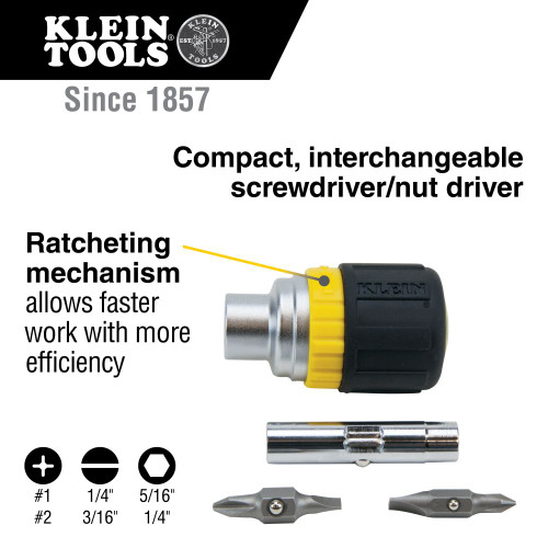 Klein 6in1 Multi-Bit Ratcheting Screwdriver Stubby PH, SL, Nut Bits