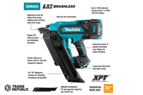 DBN900RTE Makita 18V LXT Brushless 90mm  Framing Nailer Kit