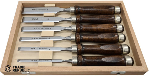 MHG-CH6-RG-HH-WB MHG-Chisel Set 6  Piece Brown Hornbeam Handle with Polished Blade in Wooden Box