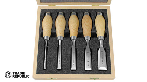 MHG-CH5-PR-SH-AH-WB MHG Premium Short Chisel 5 Piece Set: Oiled Ash Handle with Striking Ferrule - in Wooden Box
