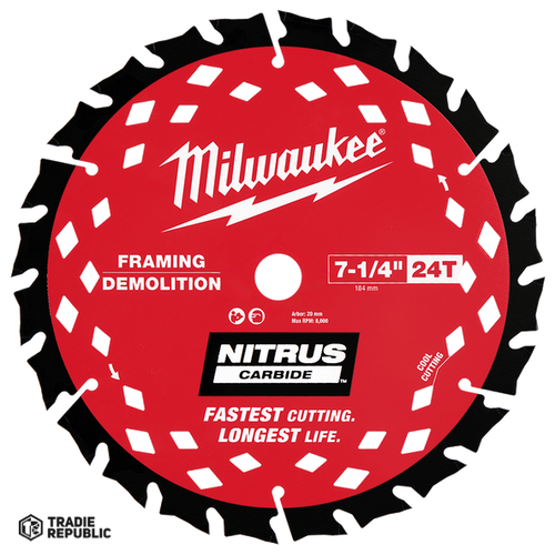 48400790 Milwaukee 184mm (7-1/4") 24T NITRUS CARBIDE™ Circular Saw Blade Demolition/Framing