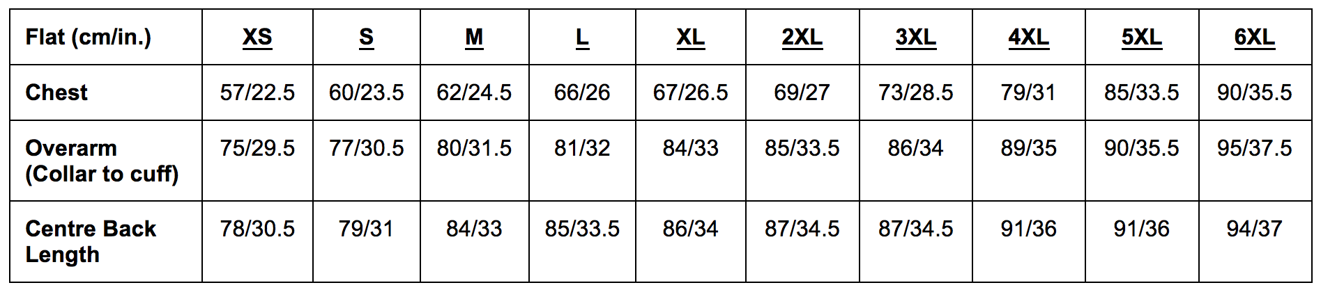 Size Chart for portmann quilted wax jacket