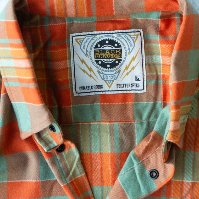 New for Fall 2026! Men's Black Dragon Orange & Teal Tartan Flannel Shirt