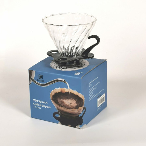 Latina V60.02 Spiral Coffee Dripper Pyrex Glass 2-4 cups (tatakan dapat dilepas) + 40P Filter Bonus