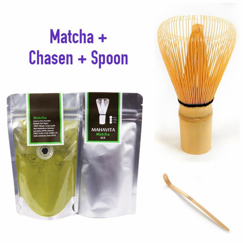 Matcha 100g bubuk teh hijau + Chasen adukan + sendok bambu