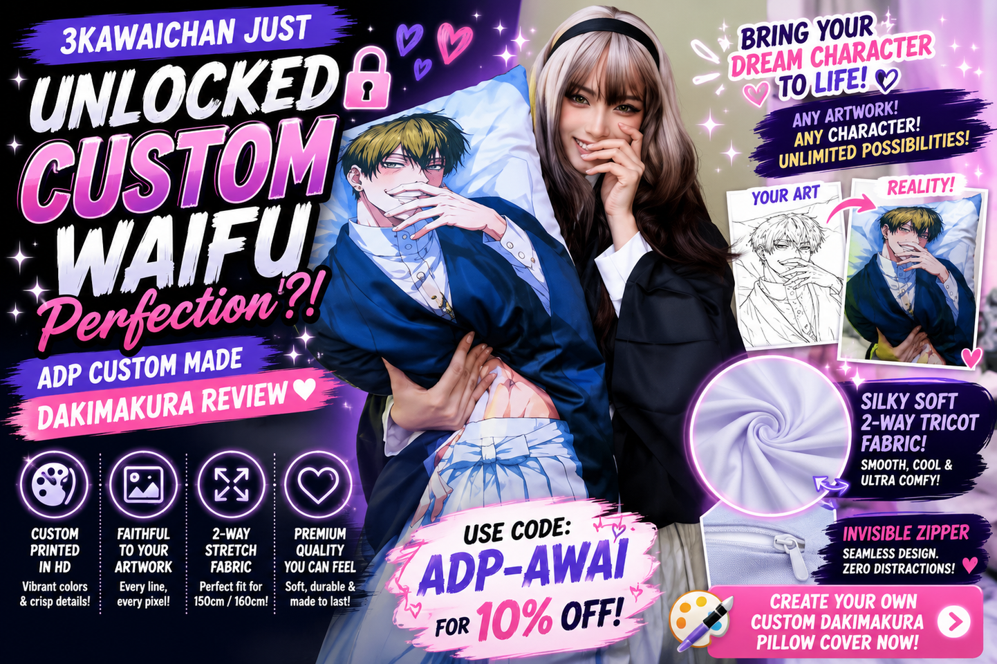 3KAWAICHAN JUST UNLOCKED CUSTOM WAIFU PERFECTION?! ✨ (ADP Custom Made Dakimakura Review)