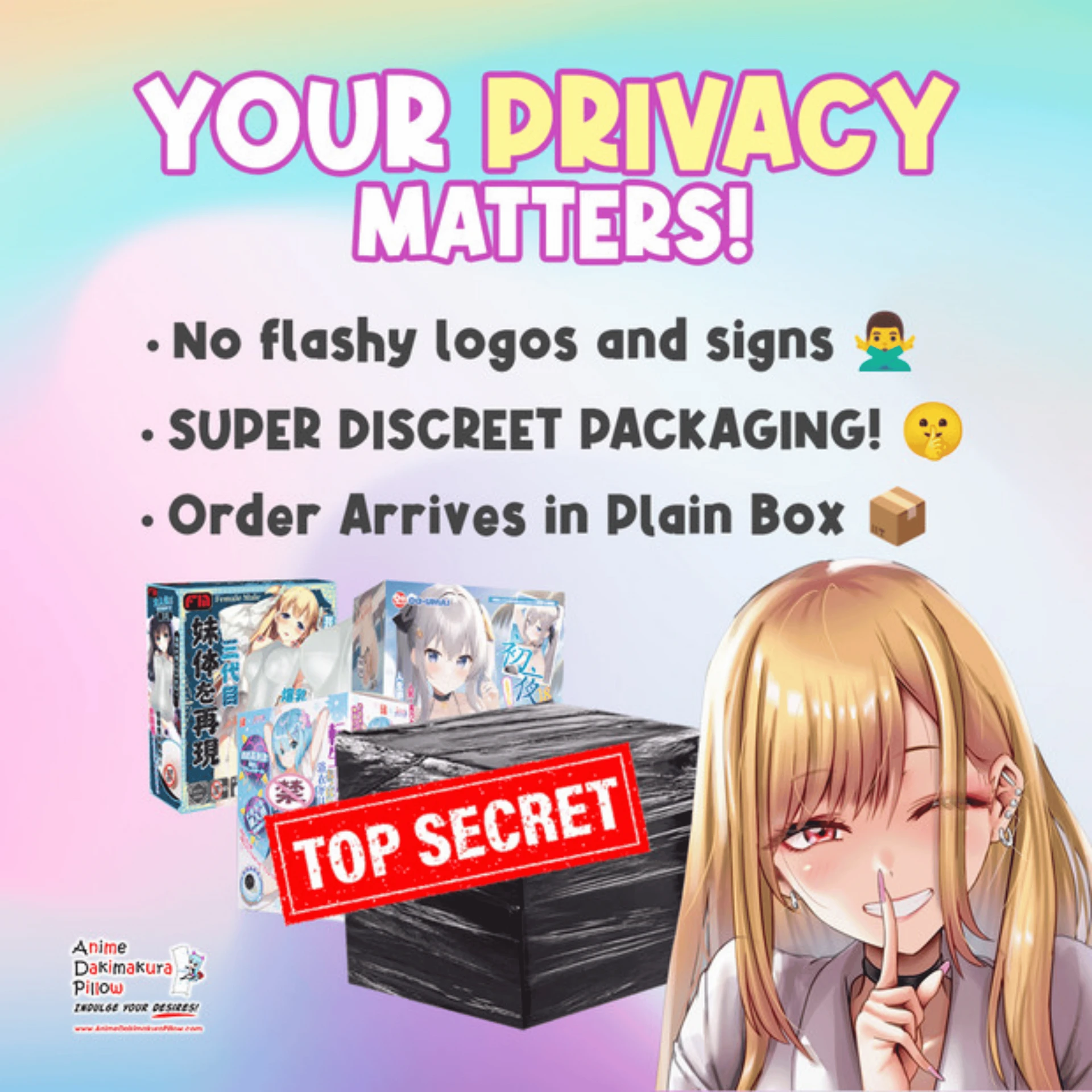 Plain black shipping box stamped Top Secret next to anime product boxes, with an anime girl holding a finger to her lips
