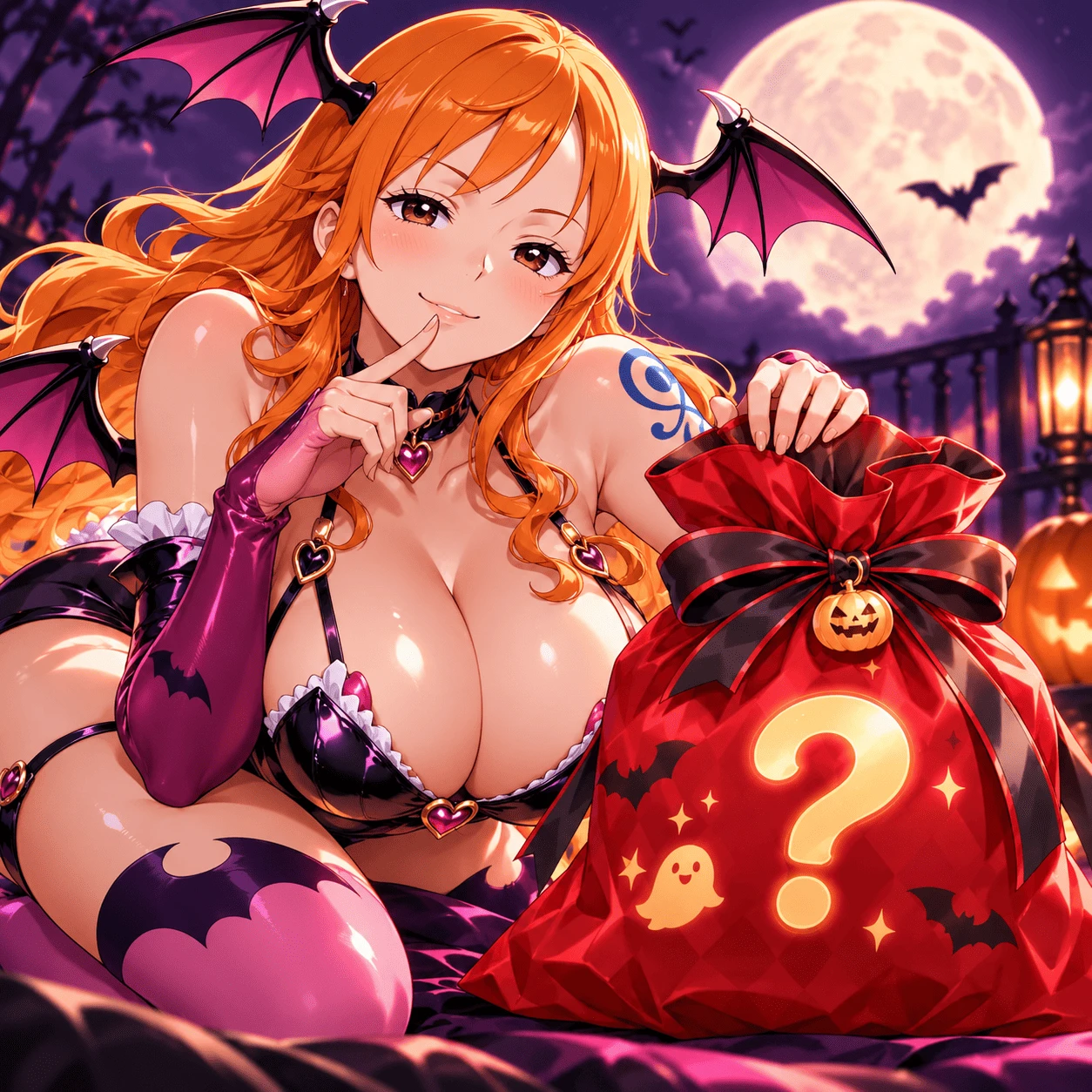 Anime witch in a hooded Halloween outfit winking and holding a black mystery gift bag