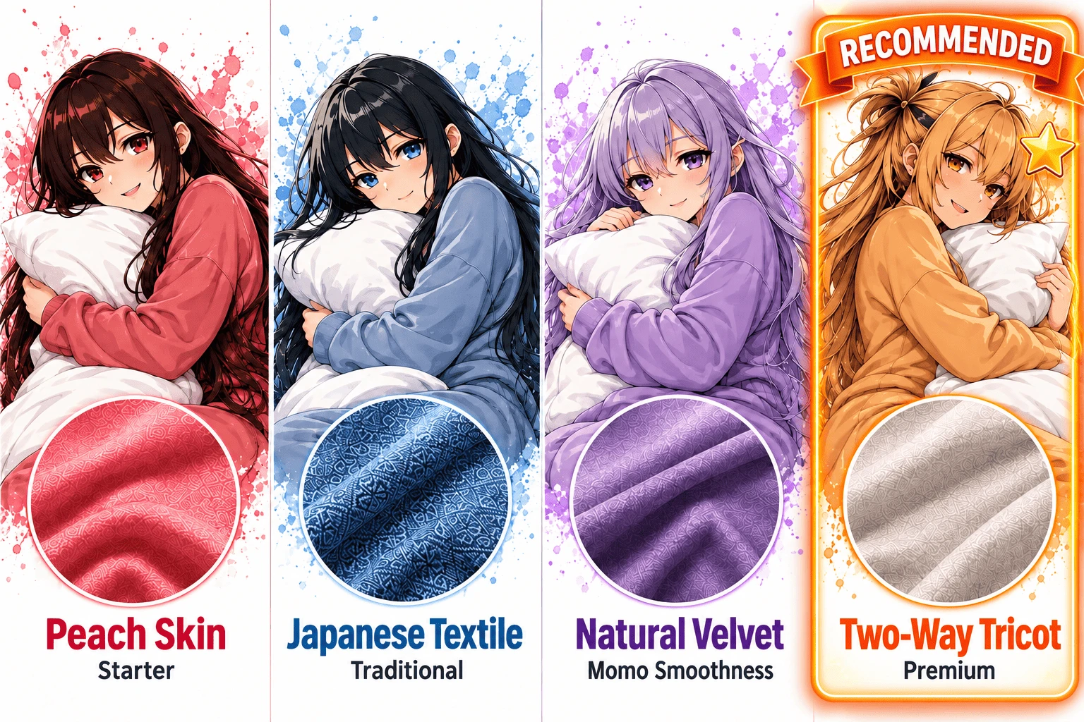 Four anime girls hugging pillows, one per fabric: Peach Skin, Japanese Textile, Natural Velvet and Two-Way Tricot (recommended)