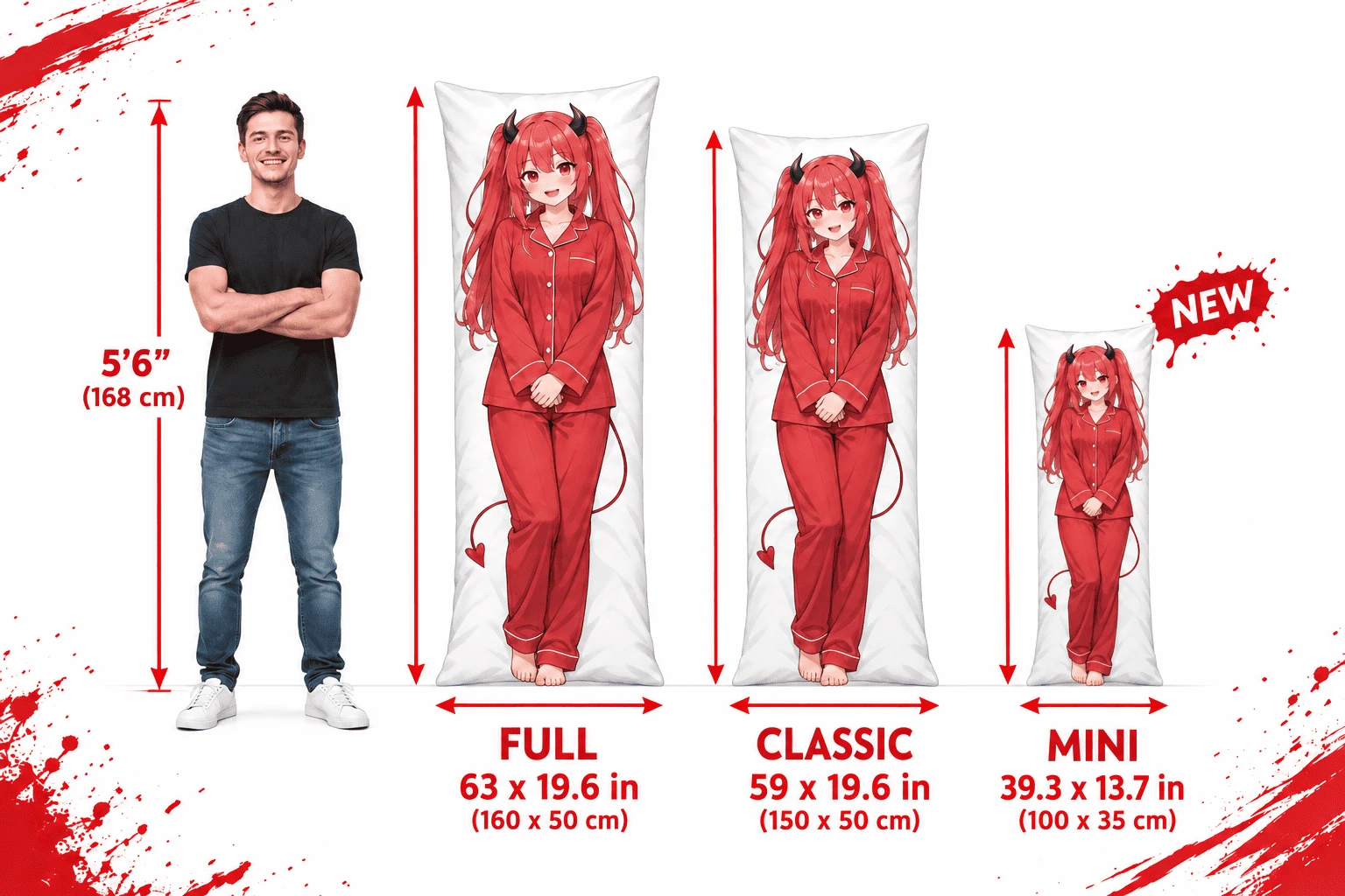 Size comparison: Full 63 x 19.6 in, Classic 59 x 19.6 in and Mini 39.3 x 13.7 in next to a 5 foot 6 inch person