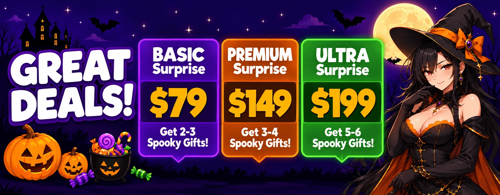 Halloween Mystery Bag deals: Basic $79 gets 2-3 gifts, Premium $149 gets 3-4 gifts, Ultra $199 gets 5-6 gifts