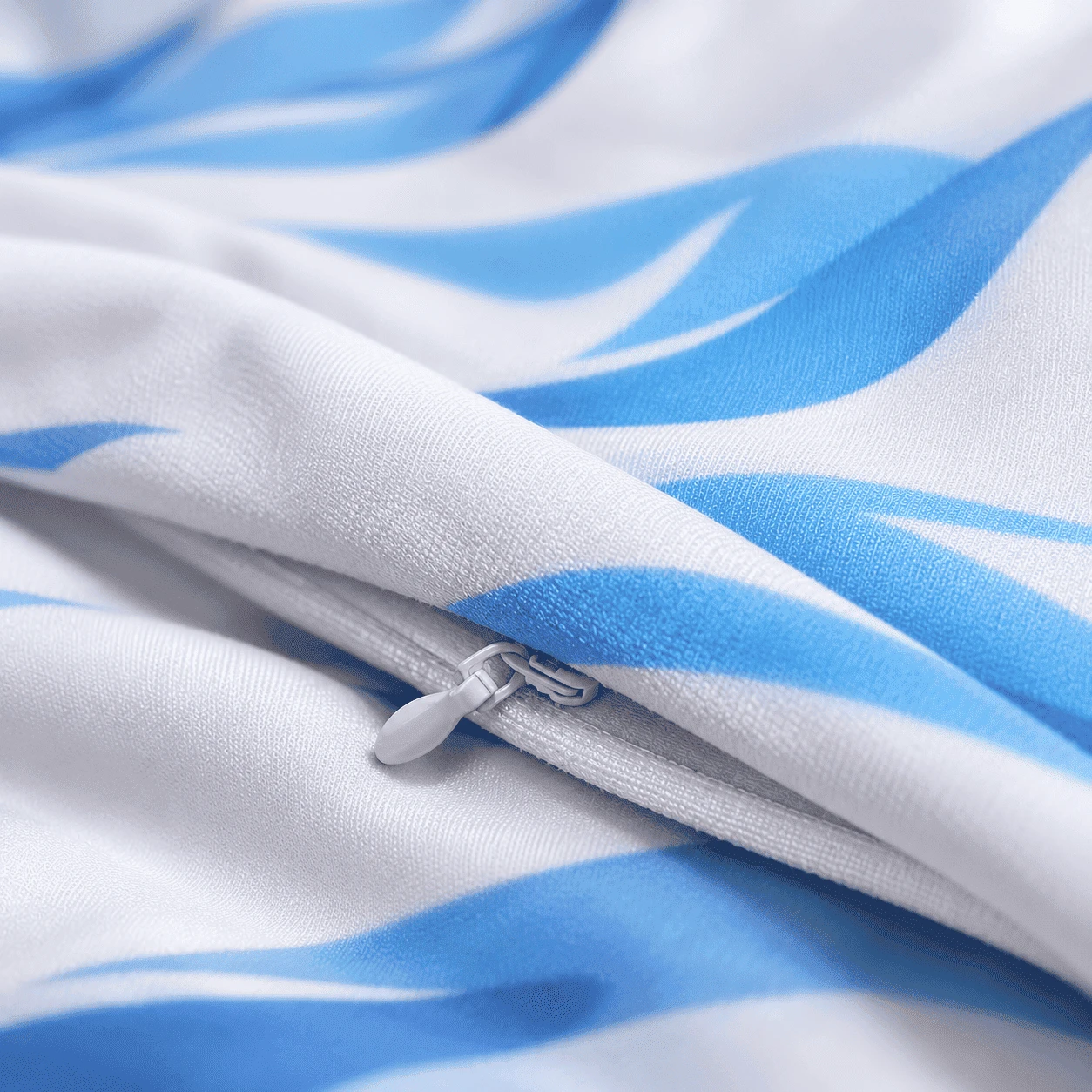 Close-up of a dakimakura cover with the hidden zipper tucked under the printed fabric