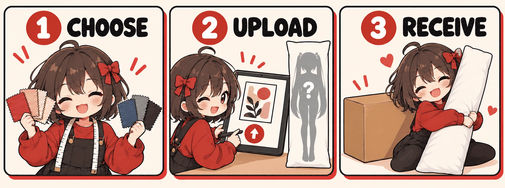 Three step guide: 1 choose a fabric, 2 upload your art, 3 receive and hug your custom body pillow