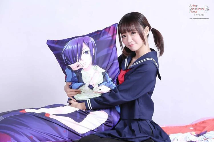 Girl sitting on a bed hugging an anime dakimakura pillow