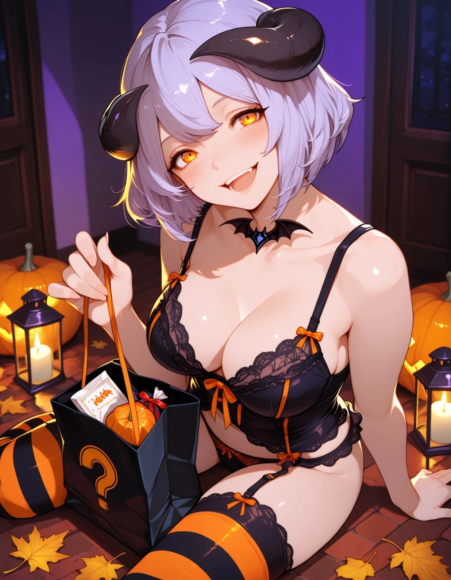 Anime demon girl with short lavender hair and small horns in black and orange lingerie happily opening a black mystery gift bag with a question mark