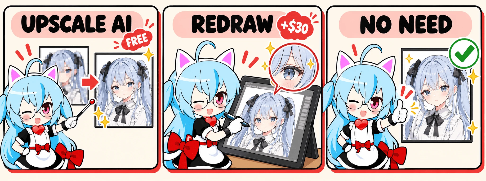 Yuki the cat-ear maid explains the three image options: Upscale AI is free, Redraw is plus 30 dollars, and No need if your image is already sharp