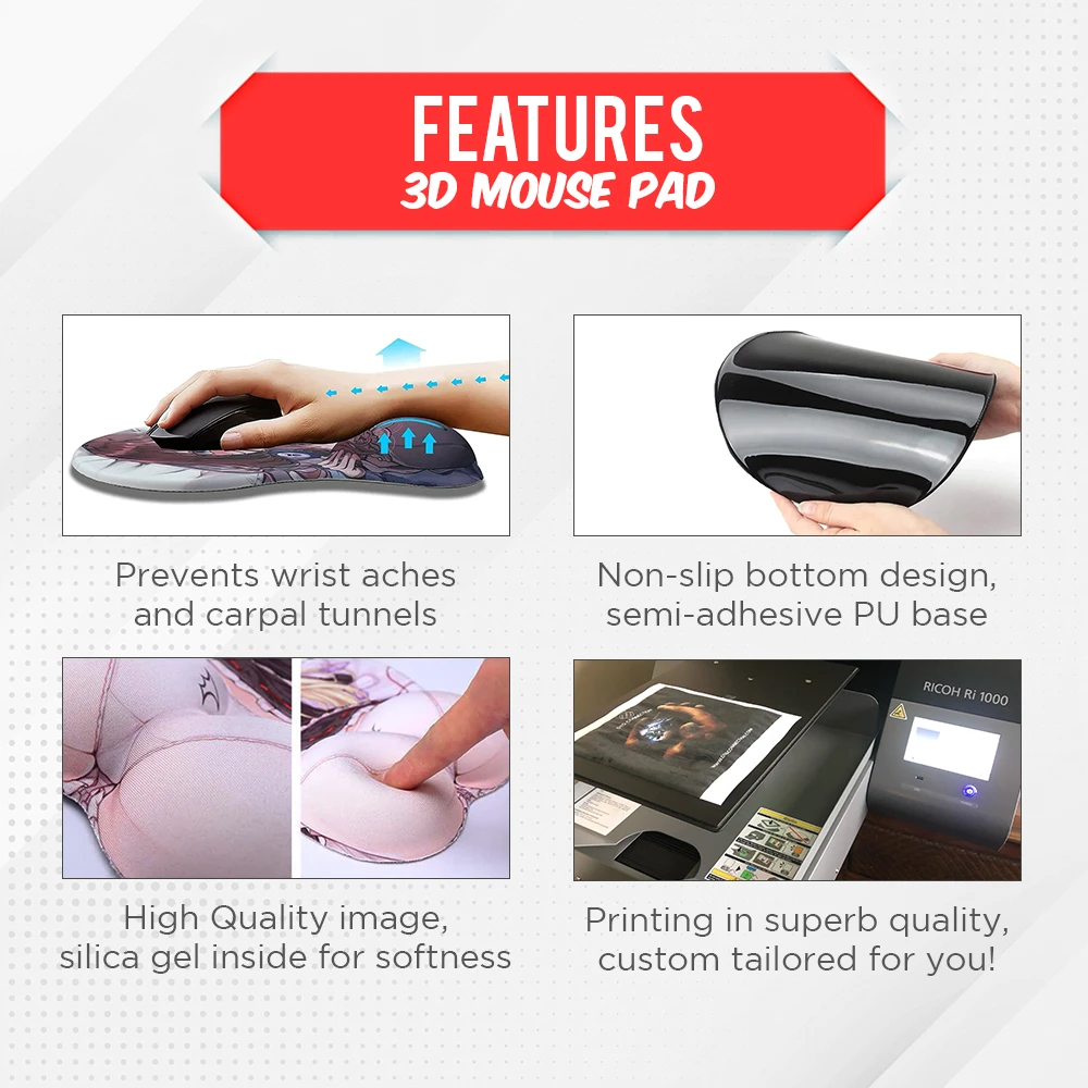 Features graphic showing a non-slip PU base, silica gel wrist rest and custom printing