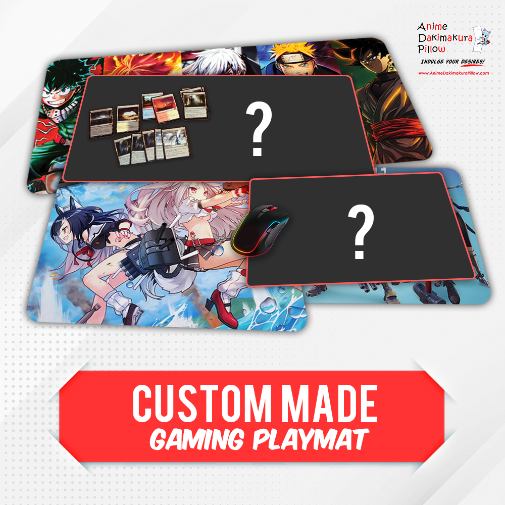 Custom made gaming playmat with two sample playmats under question mark silhouettes
