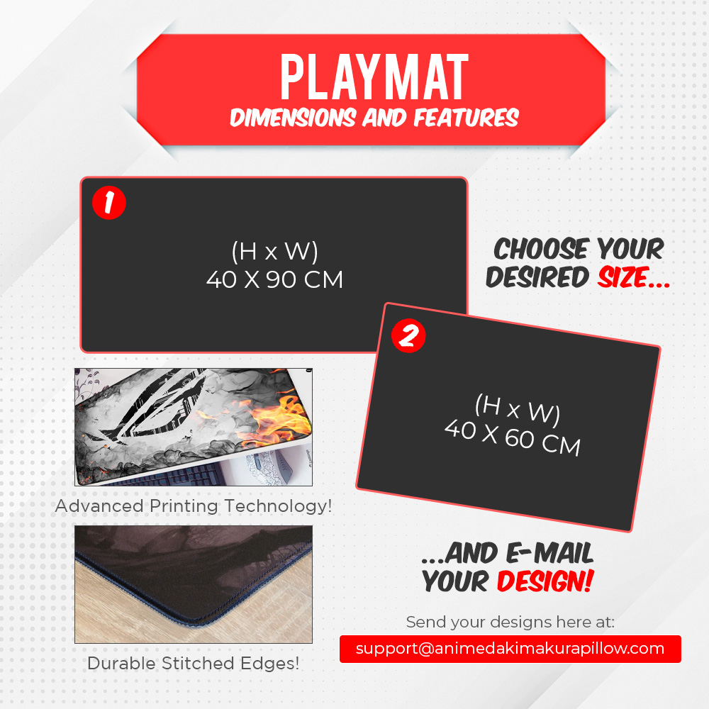Playmat dimensions and features graphic showing 40 x 90 cm and 40 x 60 cm sizes, advanced printing and stitched edges