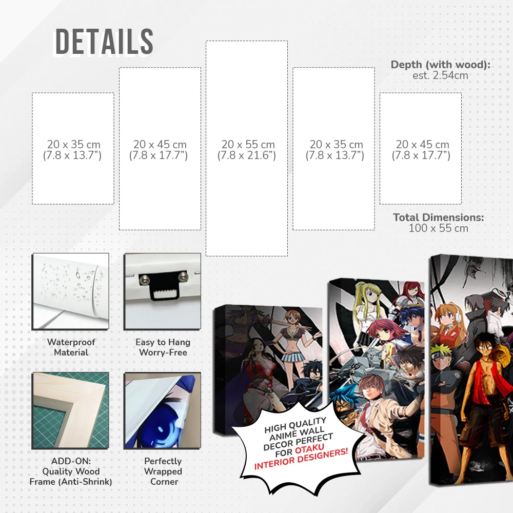 Details graphic with the size of each of the five canvas panels and the optional wood frame