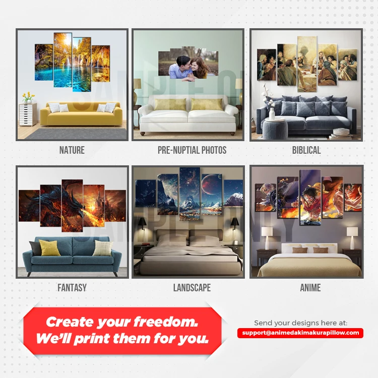 Sample canvas sets above sofas and beds in different themes