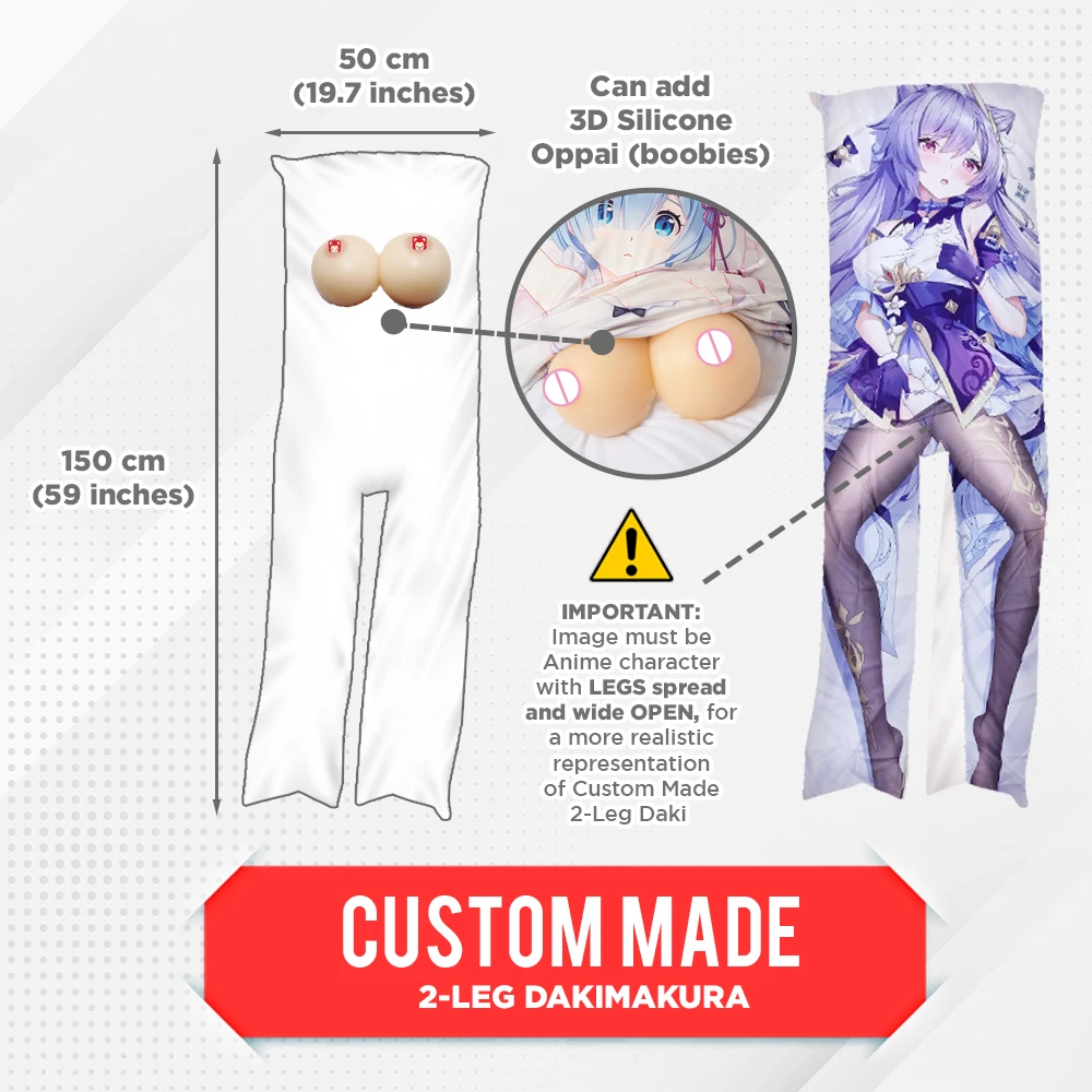 Size diagram of a 2-leg dakimakura cover, 150 cm tall and 50 cm wide, with the optional 3D silicone add-on