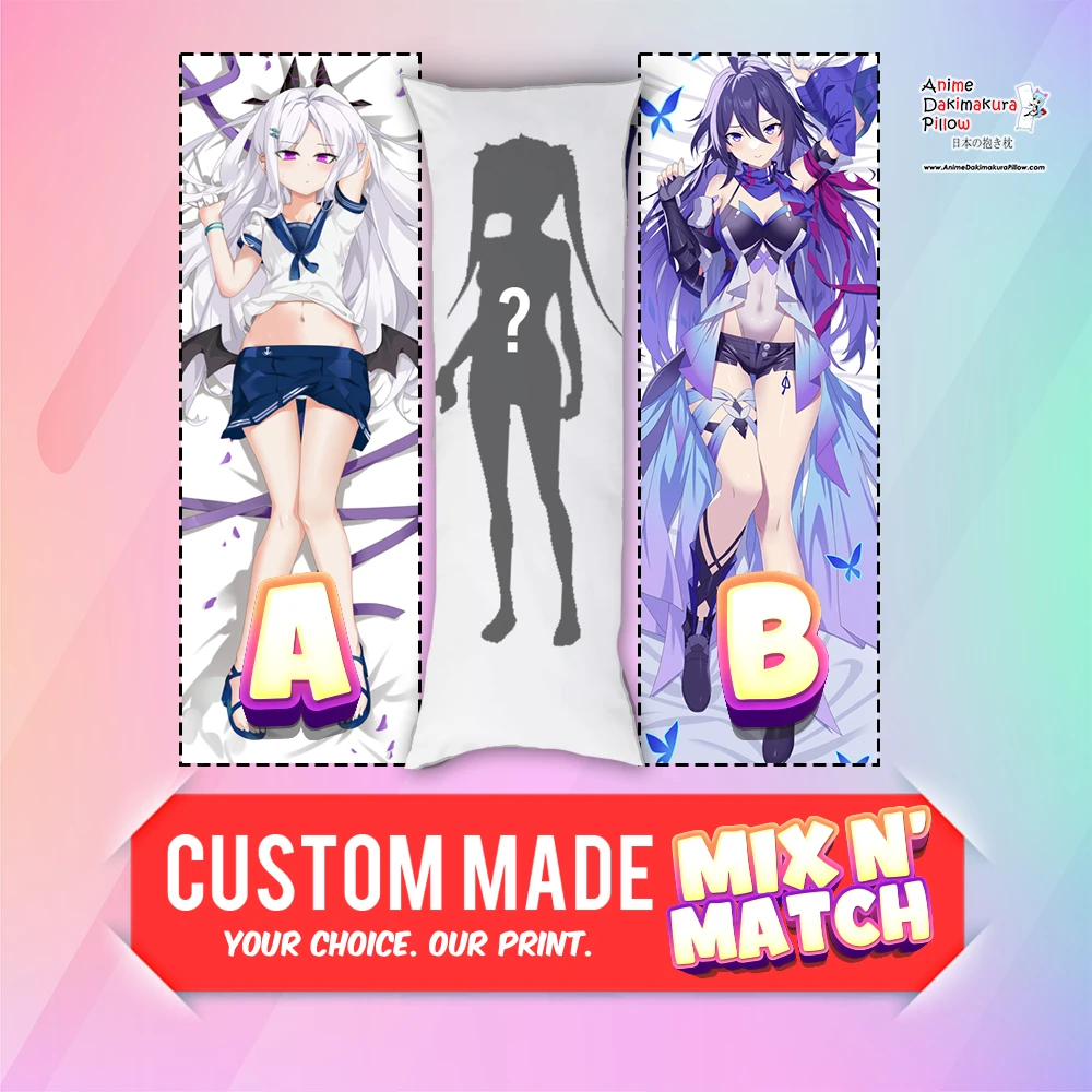 Custom mix and match dakimakura cover showing design A and design B beside a silhouette pillow