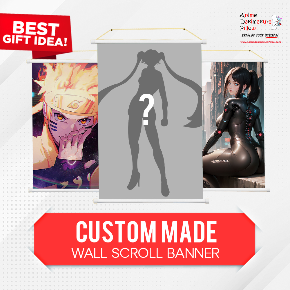 Custom made wall scroll banner with a silhouette between two sample banners