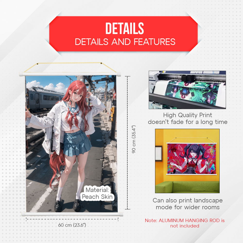 Details graphic for the wall scroll banner with size guide and print close-ups