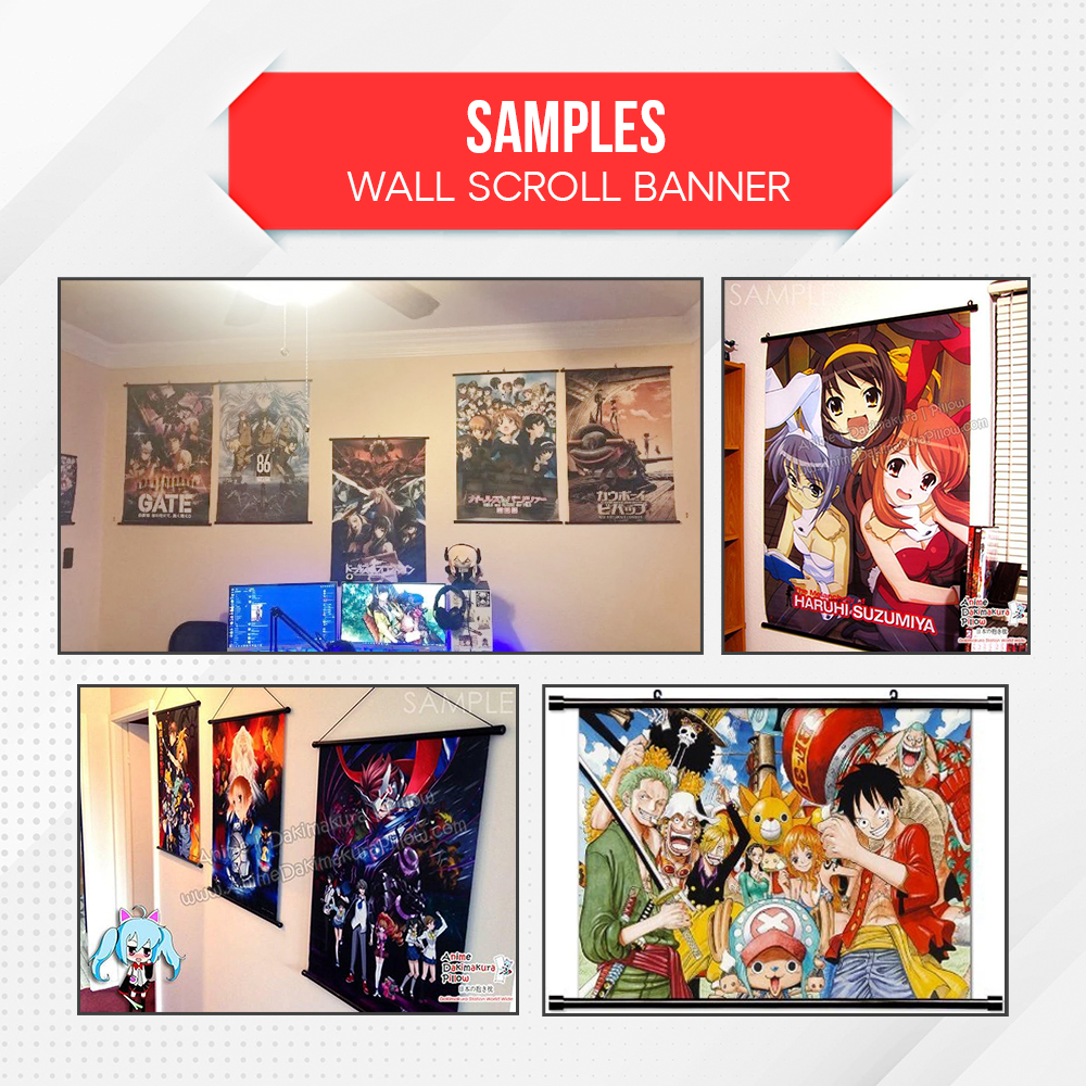 Sample wall scroll banners hanging in rooms