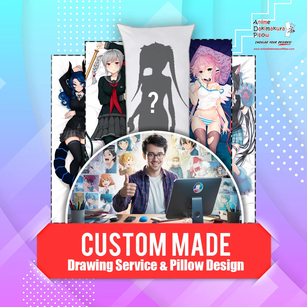 Custom made drawing service and pillow design with an artist at a computer and sample covers
