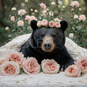 BIB006  "Cuddles" Bear Laying on Comforter Surrounded with Roses