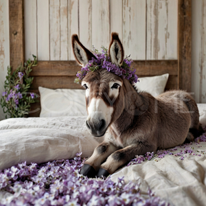 DIB002  "Hazel" Donkey Laying in Bed Surrounded with Purple Flowers