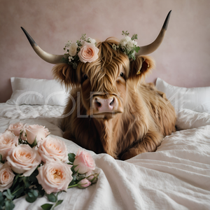 HCB005 "Betsie" Miniature Highland Cow Laying in Bed Surrounded with Roses